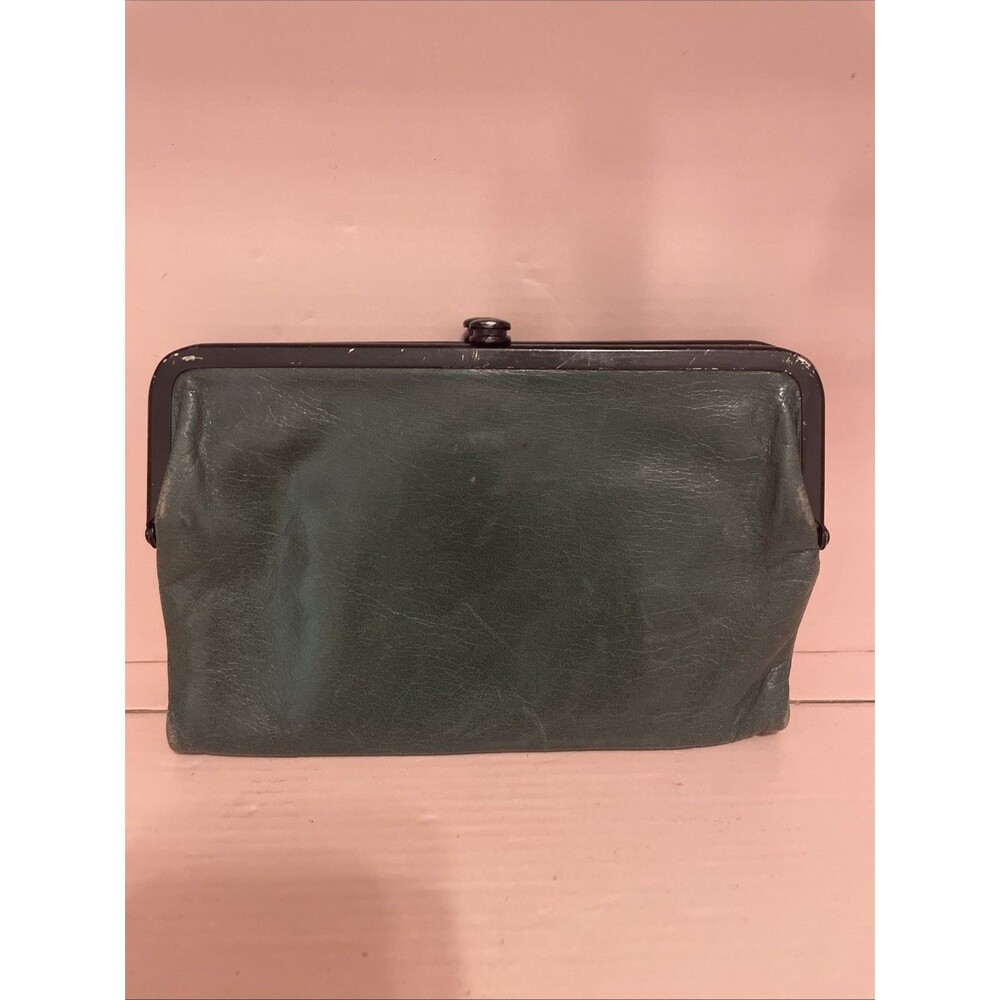 Hobo International Double Frame Lauren Green Clutch Wallet Card Holder Leather
